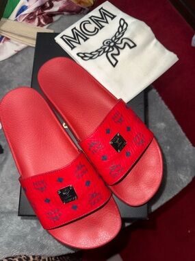 MCM Candy Red Logo Slide Sandals